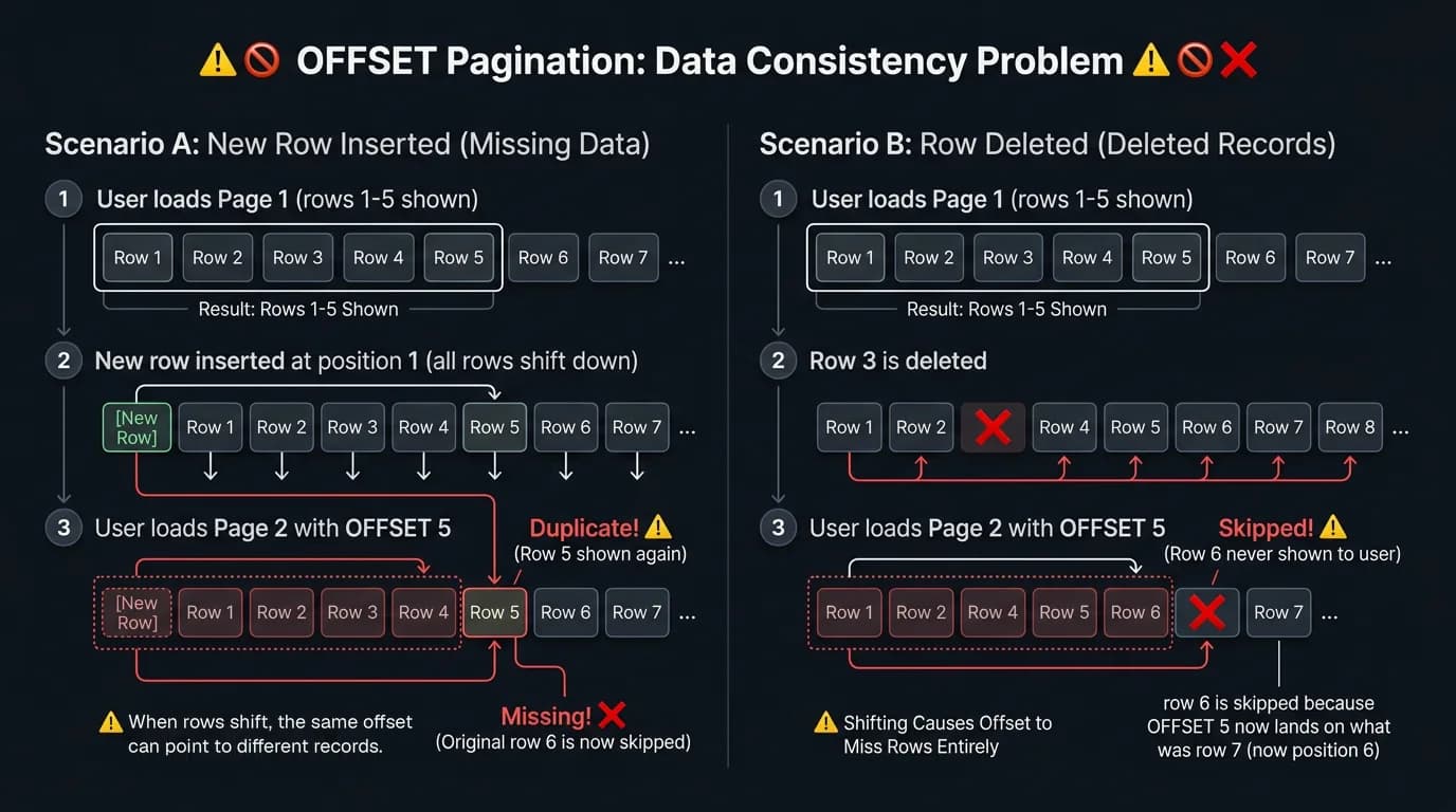 Diagram showing how OFFSET pagination produces duplicate or missing records during concurrent writes